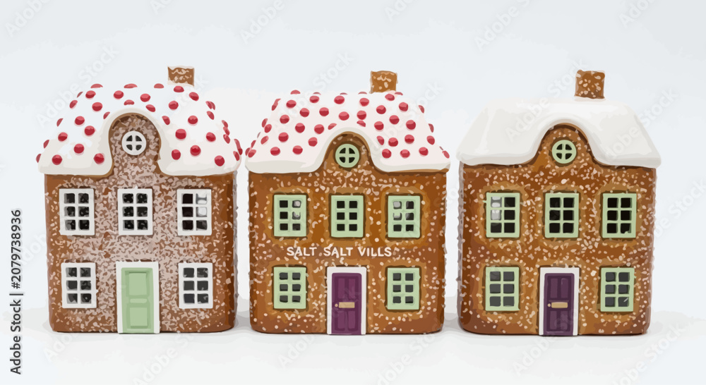 Fototapeta premium Three Decorative Christmas Gingerbread Style House Ornaments