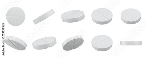 Fotografía Set of white medical pills in various angles and perspectives for pharmaceutical