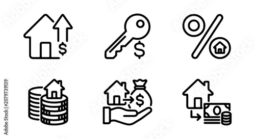Schilderij op canvas Real Estate Icons Set, Property Investment Symbols, Housing Market Graphics, Fin