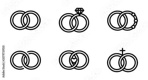Interlocking Wedding Rings Icons, Engagement Symbol Set, Love and Marriage Graphics, Vector Collection