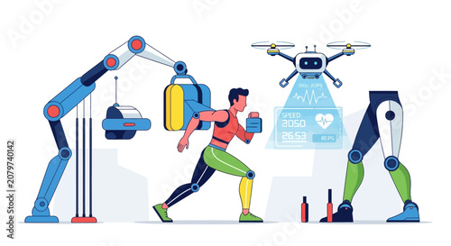 Quadro em tela Athlete with robotic leg enhancement and drone monitoring, futuristic sports tec