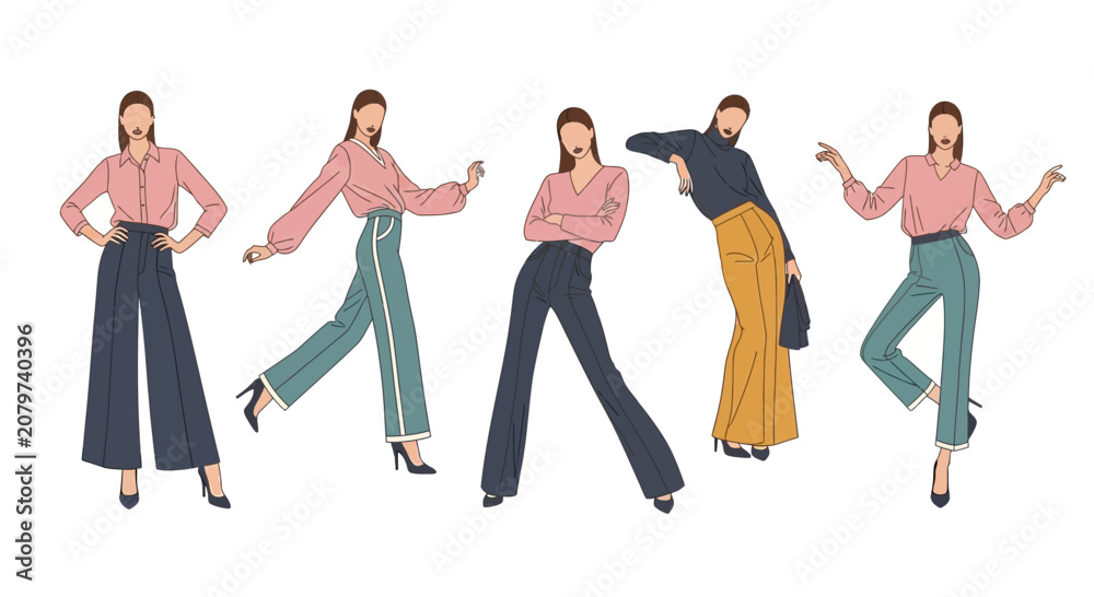 Naklejka premium Fashionable women posing in stylish wide-leg pants and elegant tops, diverse outfits