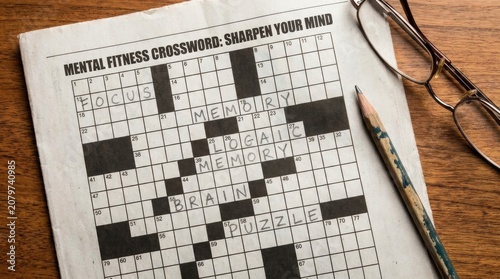 Newspaper crossword puzzle with pencil and reading glasses on wooden table for mental fitness background and brain game layout