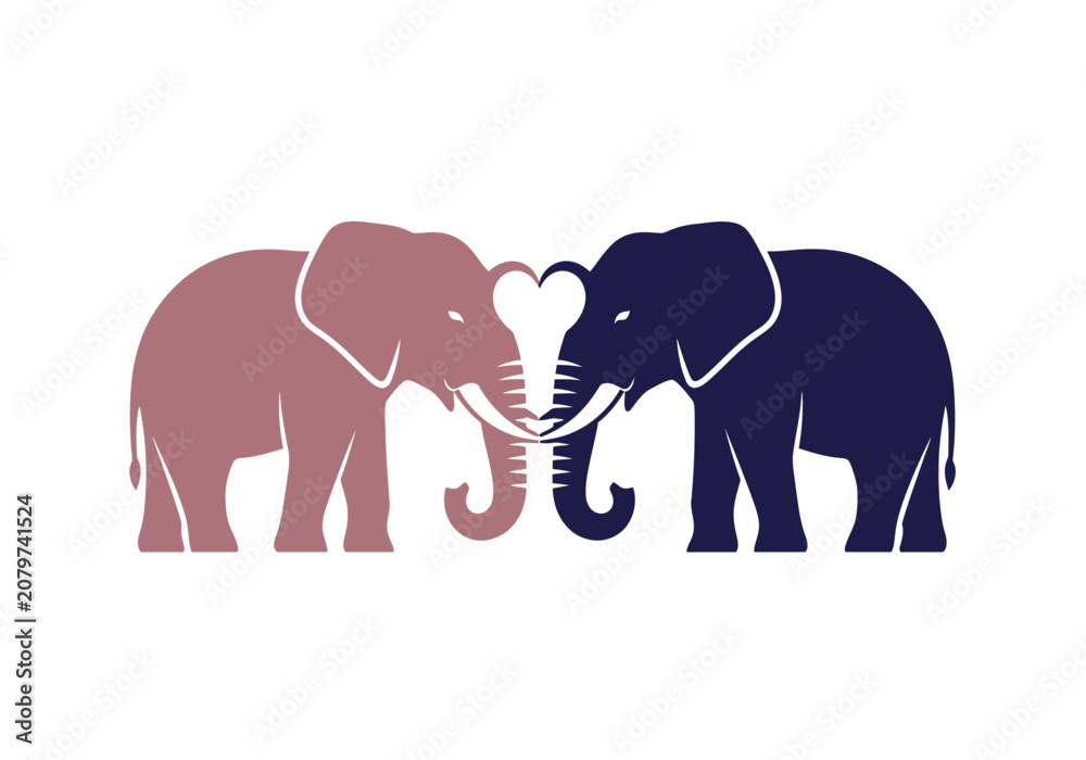 Fototapeta premium Two elephant silhouettes forming a heart with their trunks