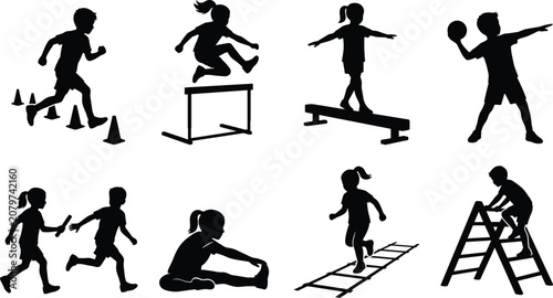 Black Silhouette Collection of Children Performing Sports Drills, Fitness Exercises, and Physical Education Activities