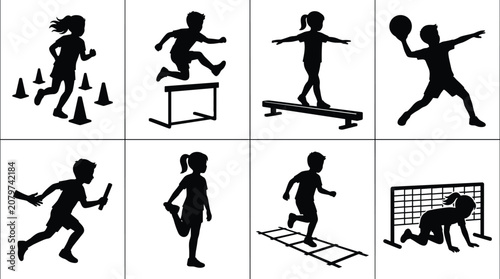 Black Silhouette Collection of Children Performing Athletic Exercises, Sports Drills, and Physical Education Activities