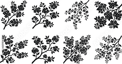 Black Silhouette Collection of Flowering Branches Featuring Blossoms, Leaves, and Elegant Botanical Plant Designs