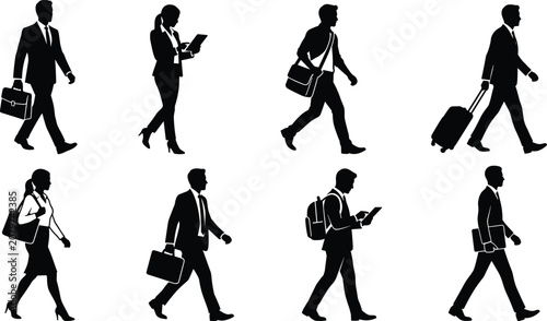 Black Silhouette Collection of Business Professionals Walking with Briefcases, Handbags, Backpacks, and Rolling Luggage