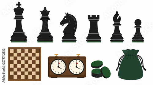 Foto Chess pieces and board with clock and coins.