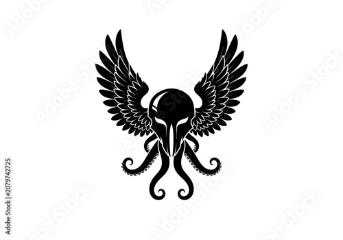 Schilderij op canvas Intricate Cthulhu monster silhouette with wings and tentacles.