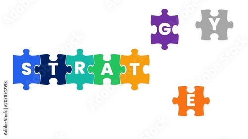 Animated STRATEGY Word Created by Colorful Jigsaw Puzzle Pieces on White Background