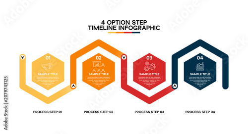 Foto Vector timeline infographic with 4 workflow options, complete with business icons
