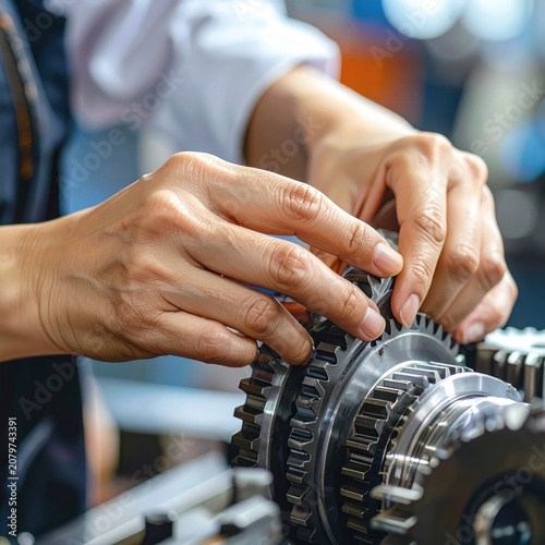 Industrial mechanic hands assembling precision gears, automotive engineering, manufacturing maintenance, heavy machinery repair