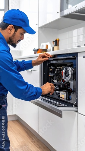 professional technician repairing built in oven in modern kitchen, appliance maintenance service, home improvement, electronic diagnostic, repair work