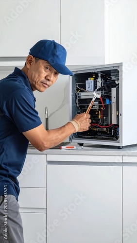 Professional technician repairing electrical appliance, domestic repair service, maintenance worker using tool, kitchen equipment support, engineering troubleshooting