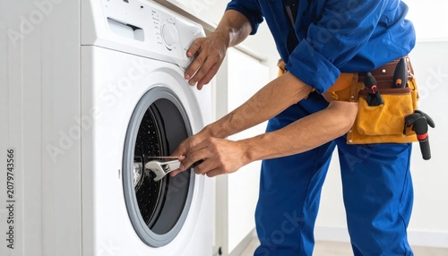 Repairman in blue uniform using a wrench to fix a white washing machine, home maintenance, technical support, appliance service