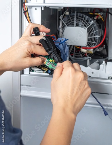 Technician hands performing precision repair on electronic circuit board inside industrial machine unit for maintenance, troubleshooting, hardware diagnostics