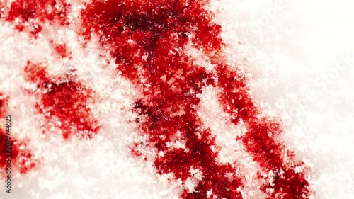 Blood on snow. Close-up of bloodstains on a white snow texture.Red Stain on Snowy Ground. Bloody drops and streaks on the white snow.