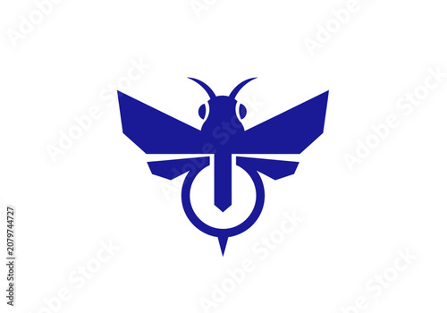 Minimalist blue hornet insect logo icon on white background