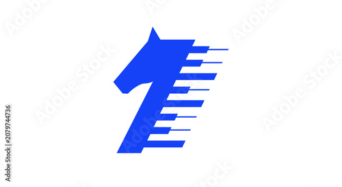 Minimalist blue horse head logo with horizontal motion lines