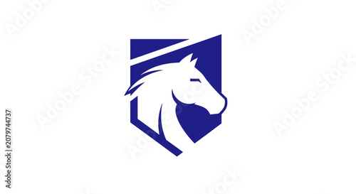 Foto Minimalist blue horse head logo inside a shield emblem