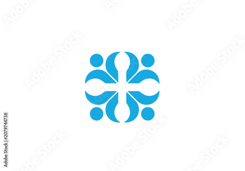 Minimalist blue icon of four people connected in a circle