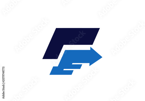 Minimalist blue letter F logo with arrow on white background