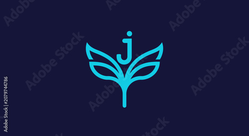 Minimalist blue letter J leaf logo on dark background
