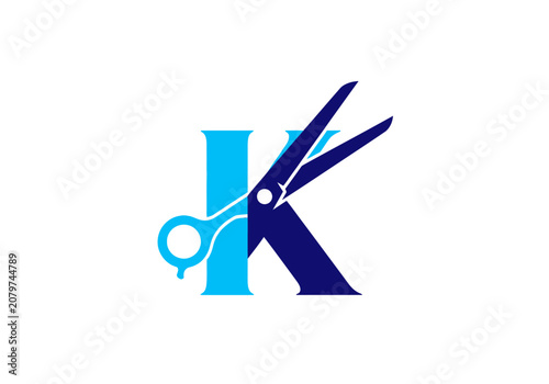 Minimalist blue letter K and scissors logo design