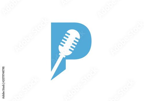 Minimalist blue letter P and vintage microphone podcast logo
