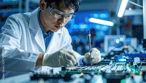 Engineer in safety glasses inspecting computer circuit board with precision tool in laboratory, electronics manufacturing, hardware testing