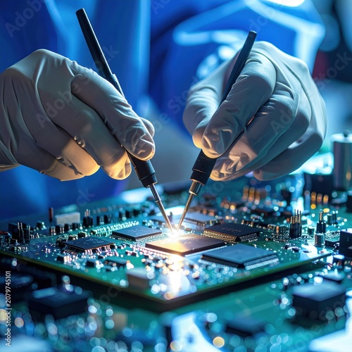 Technician with multimeter probes testing a complex printed circuit board, electronic repair and hardware engineering, troubleshooting, quality assurance