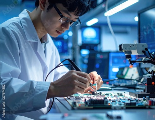 Young asian electronics engineer wearing lab coat soldering circuit board component, research laboratory, innovation, high tech development