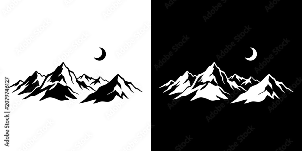 Fototapeta premium A serene mountain landscape under a crescent moon at night with snow-capped peaks.