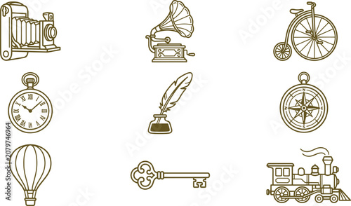 Collection of vintage travel and lifestyle including a camera, gramophone, penny farthing bicycle, pocket watch, quill, and steam train