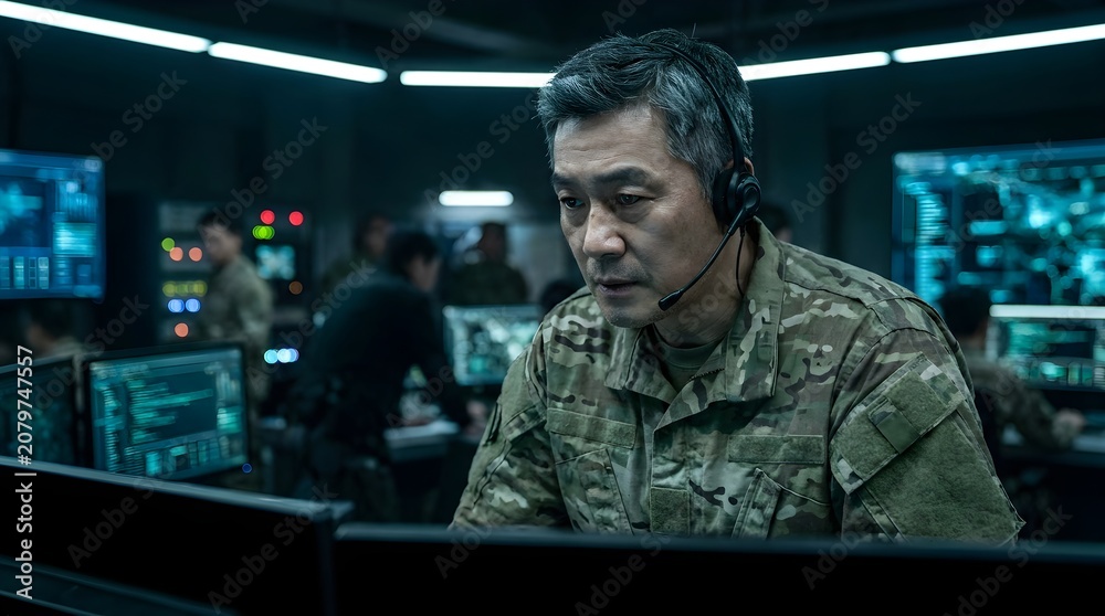 Fototapeta premium Focused middle aged military officer wearing a tactical headset while monitoring complex data streams on multiple glowing computer screens inside a dim high tech command center
