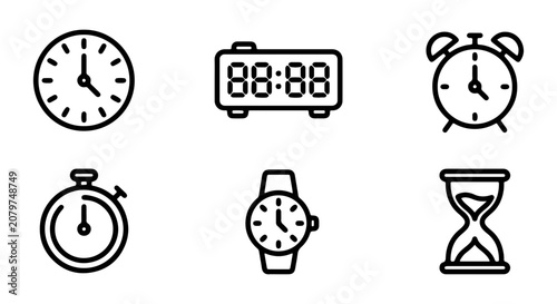 Foto Time Icons Set: Analog Clock, Digital Display, Alarm, Stopwatch, Wristwatch, Hou