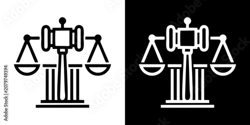 Cuadro en lienzo Justice scales with judge gavel and classical column illustration representing t