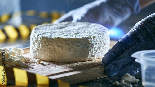 A close-up of soft ricotta-style cheese on a kitchen cutting board, with caution tape, gloved hands, and a sterile test dish nearby; tense mood, cool overhead lighting, tight macro composition.