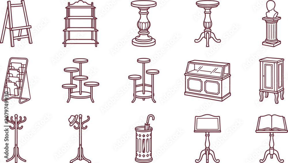 Naklejka premium Assortment of linear showing various furniture pieces like easels, tiered display stands, pedestals, glass cabinets, coat racks, and umbrella bins