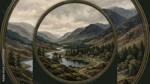 Fisheye lens view of a mountain valley.