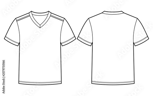 Technical fashion flat sketch of a men's V-neck T-shirt. Mockup front and back view.	