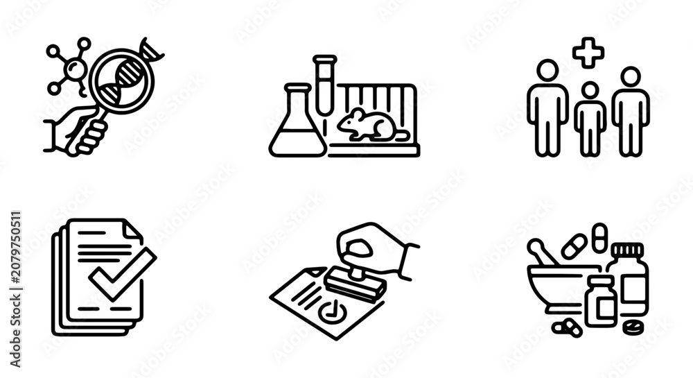 Fototapeta premium Medical Research Icons, Science Lab Symbols, Healthcare Icons, Pharmaceutical Icons, 6 Icons
