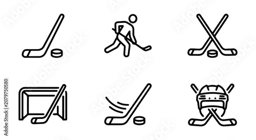 Photography Hockey Icons Set: Player, Puck, Stick, Goal, Helmet, Equipment Vector Graphics