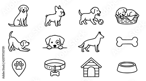 Fotografi Friendly dogs and puppies vector icon set with simple bold line art classic retr