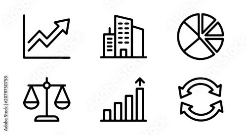 Business Icons Set: Growth Chart, Buildings, Pie Chart, Scales, Bar Graph, Arrows