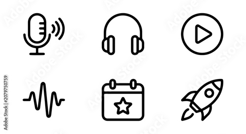 Audio Icons Set: Microphone, Headphones, Play Button, Soundwave, Calendar, Rocket