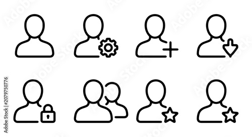 User Profile Icons Set, Account Management Symbols, Person Interface Elements, Vector Graphics