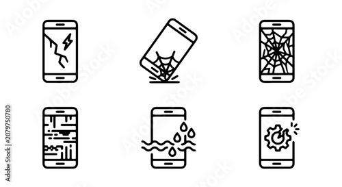 Smartphone Damage Icons, Broken Screen & Water Damage Symbols, Repair Service Vector Set