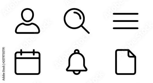 Minimalist Icon Set: User, Search, Menu, Calendar, Bell, Document Icons